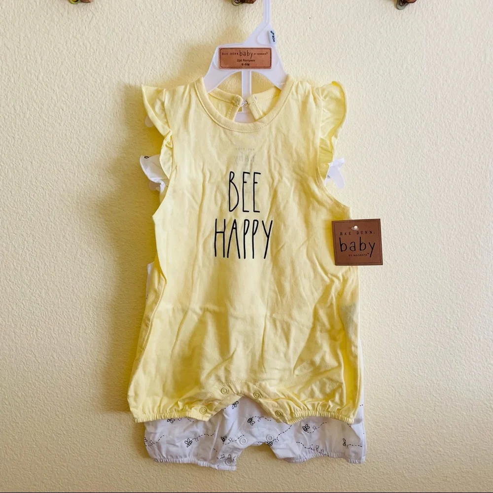 Rae Dunn Baby Girl Newborn Bee Happy Rompers Set 6-9M